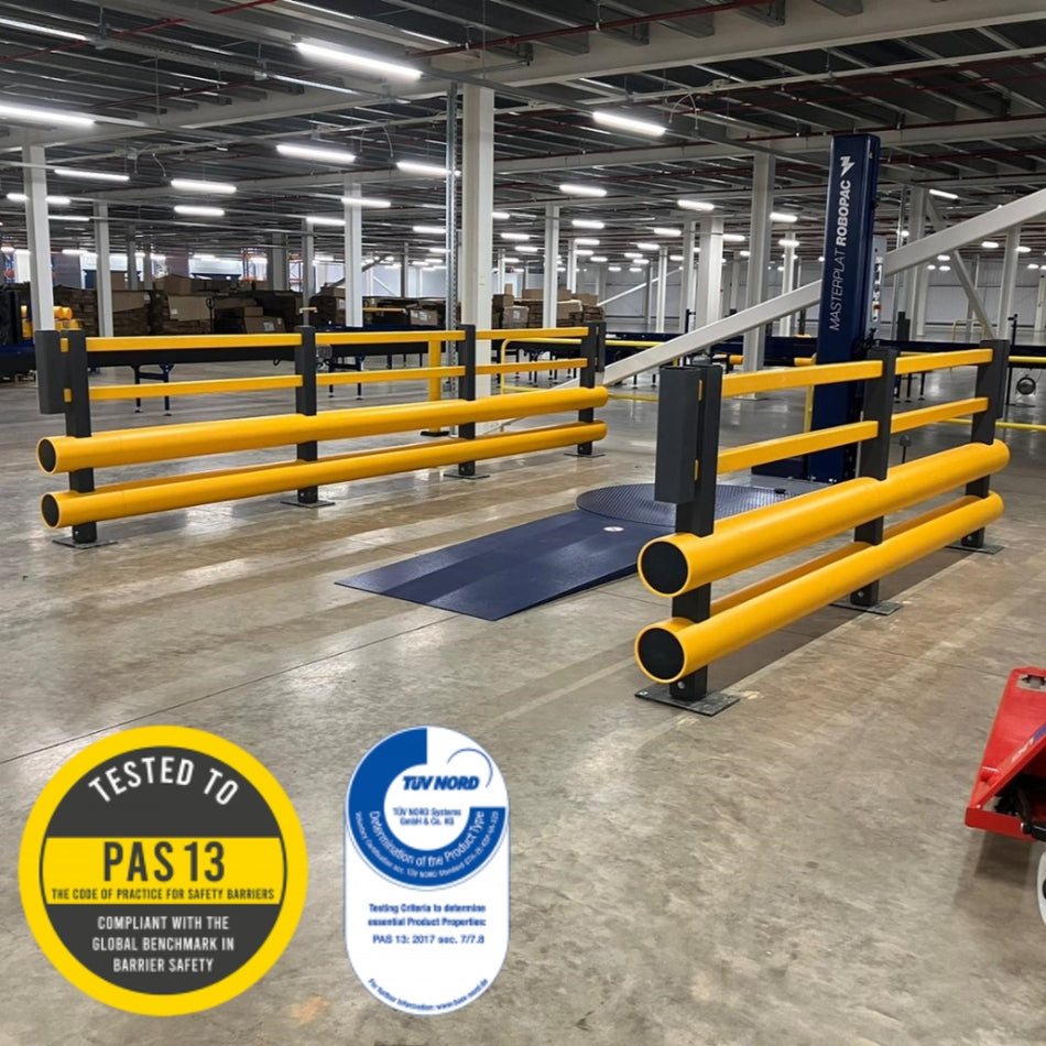 Brandsafe double bumper pedestrian barrier for warehouse and industrial safety
