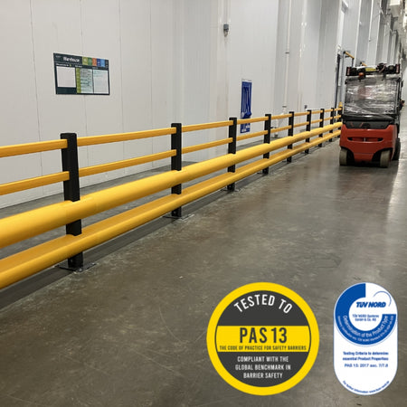 Brandsafe double bumper pedestrian barrier for warehouse and industrial safety