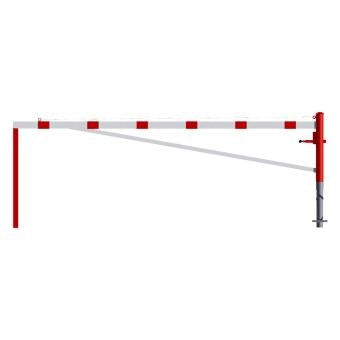Swing barrier with bracing tube and pull rope reinforcement for casting in concrete