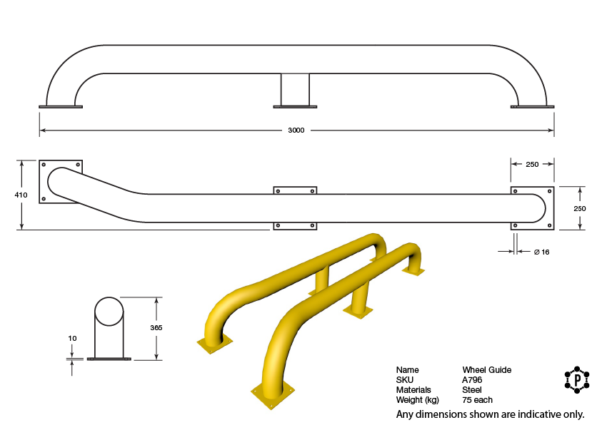 Heavy-duty yellow loading bay wheel guides – product view