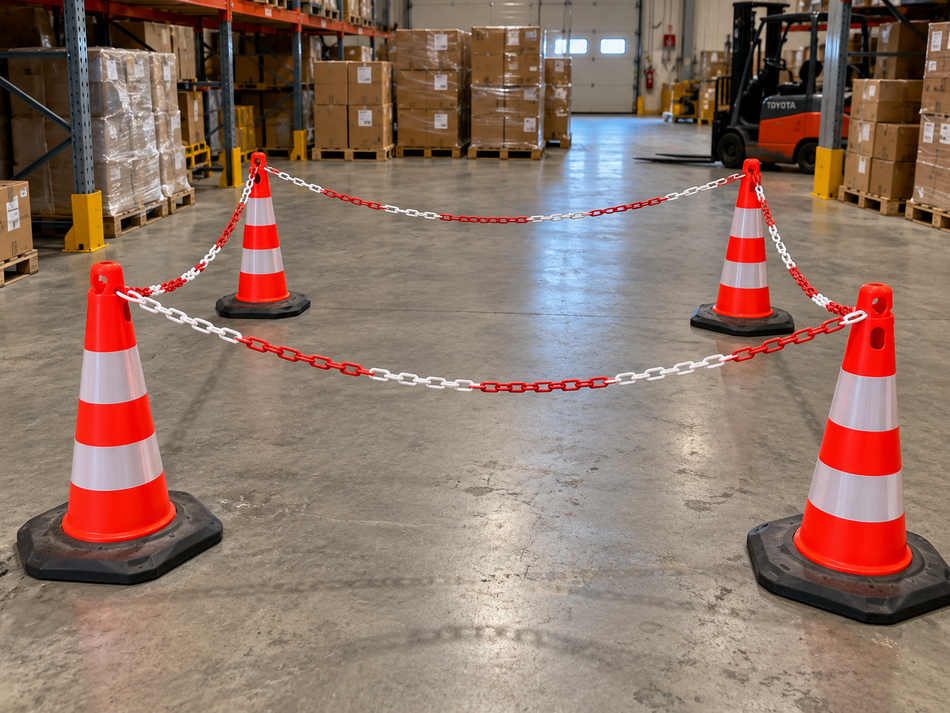 Avspärrningsset med koner - 4 koner med 10m röd/vit kedja