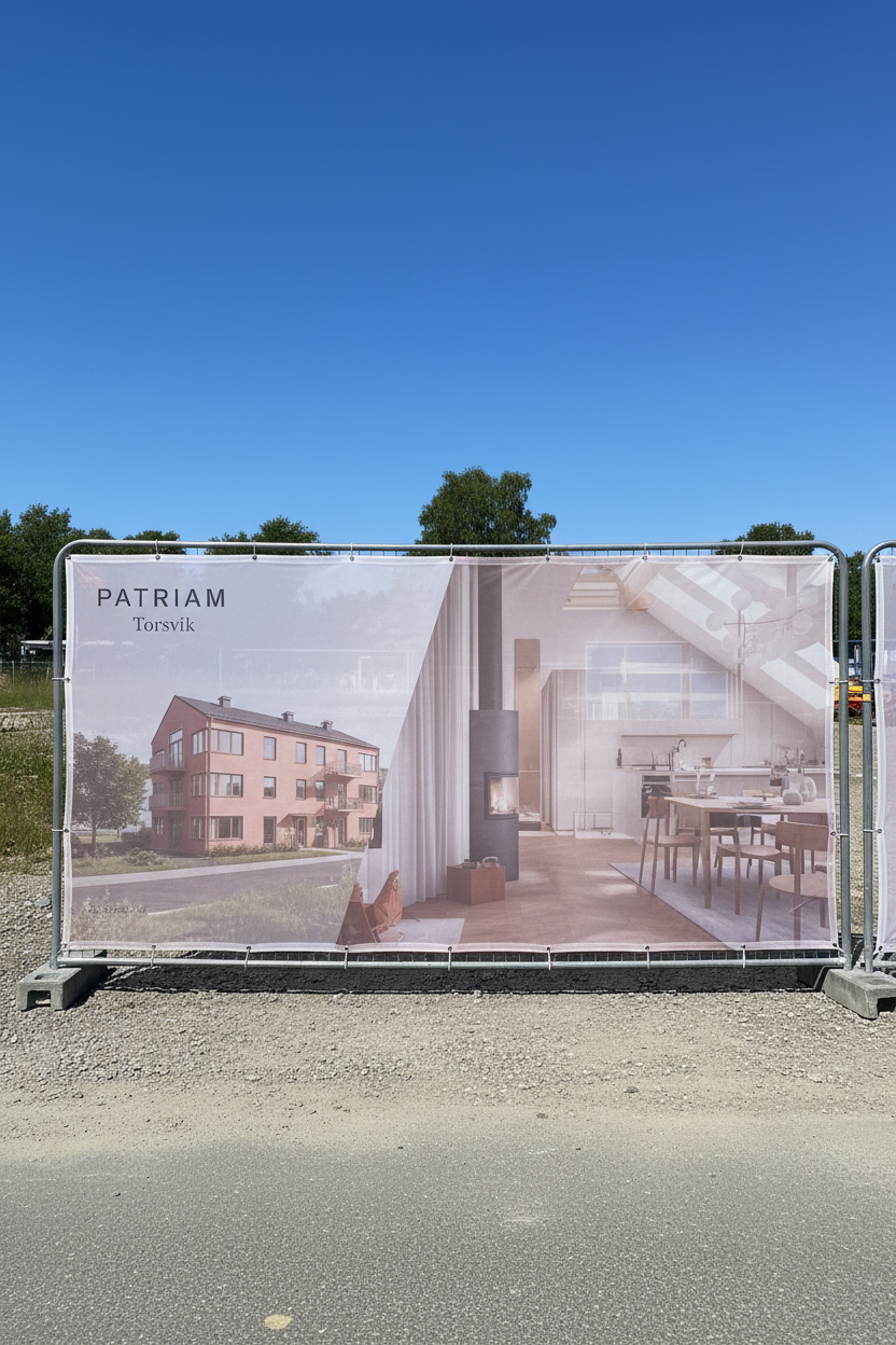 Byggstängselbanner – Mesh PVC – 3,5 × 2,0 m – Anpassat tryck