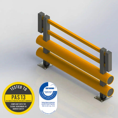 Brandsafe double bumper pedestrian barrier in Safety Yellow and Grey