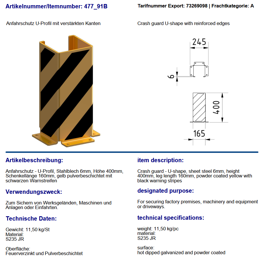 Påkörningsskydd för pallställ -Krockskydd- U-form med förstärkta kanter