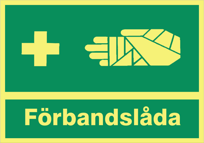 Anvisningsskylt. Förbandslåda