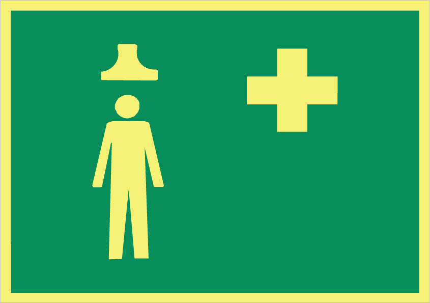 Anvisningsskylt. Nöddusch och första hjälpen