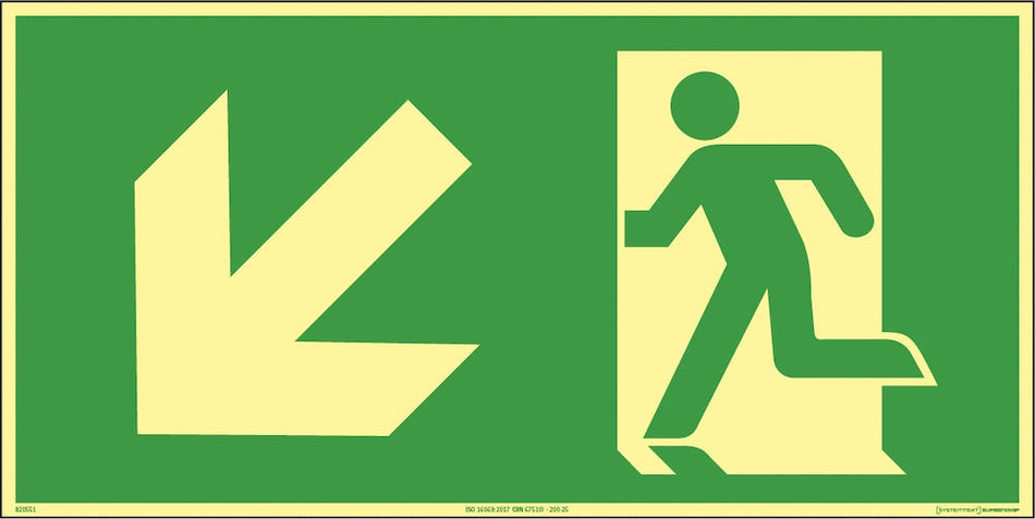 Supernova® Anvisningsskylt - Utrymningsväg ner till vänster (flera storlekar)